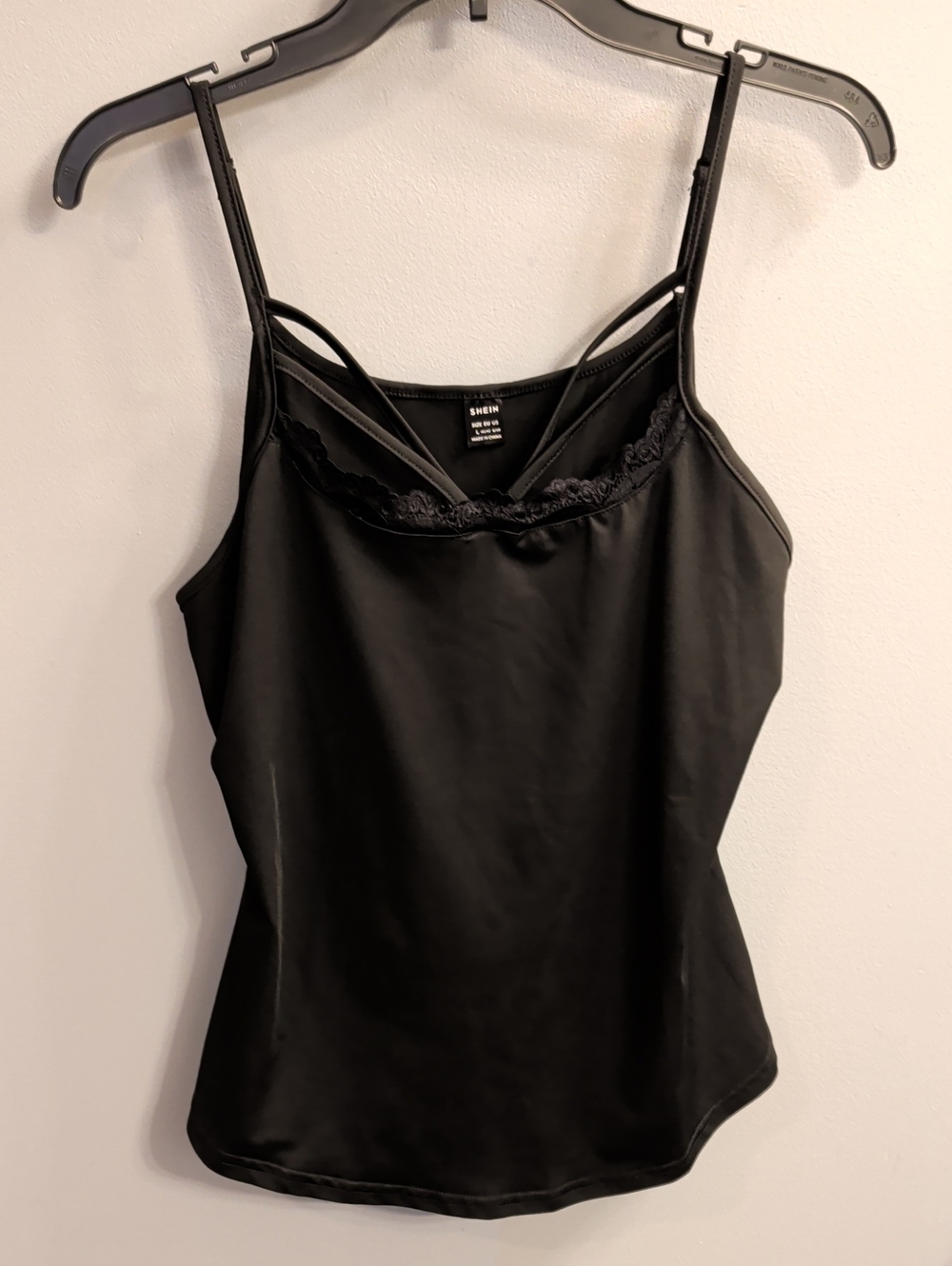 🍉SHEIN Black Satin Lace-Trim Cami with Double Straps